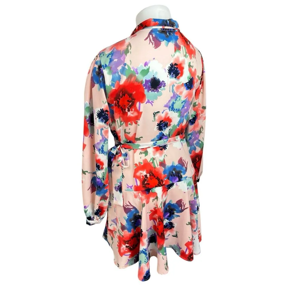 Boohoo Womens Multicolor Floral Wrap Tie Long Sleeve Mini Skater A-line Dress 14 - Image 6