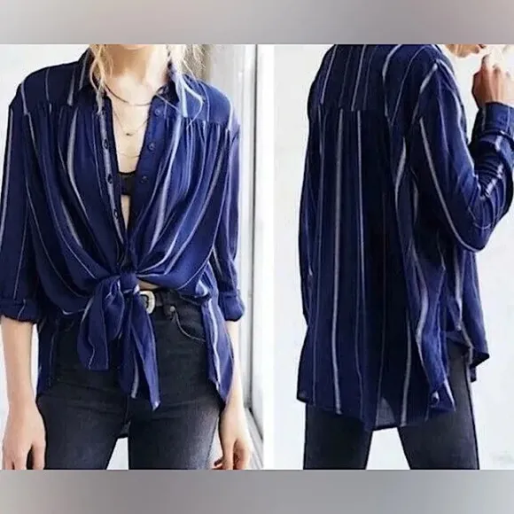 BDG Urban Outfitters Women's Melanie Tie Front Striped Button Up in Navy Size XS - Image 3