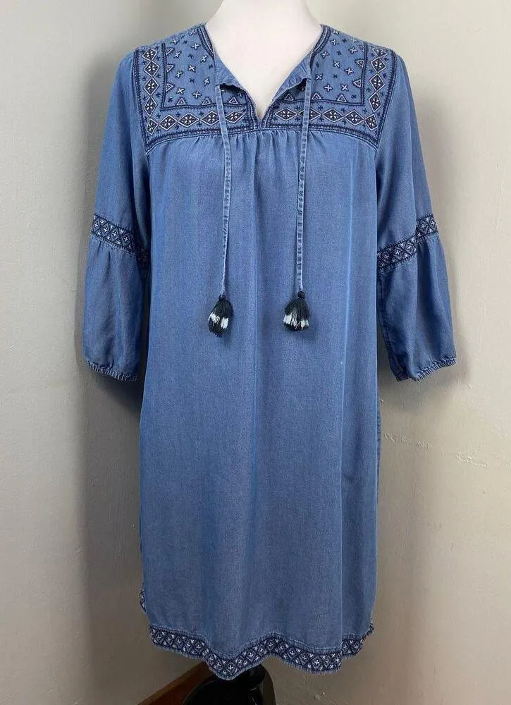 J Jill Denim Embroidered Chambray Boho Dress Tassel Tencel Small - Image 3