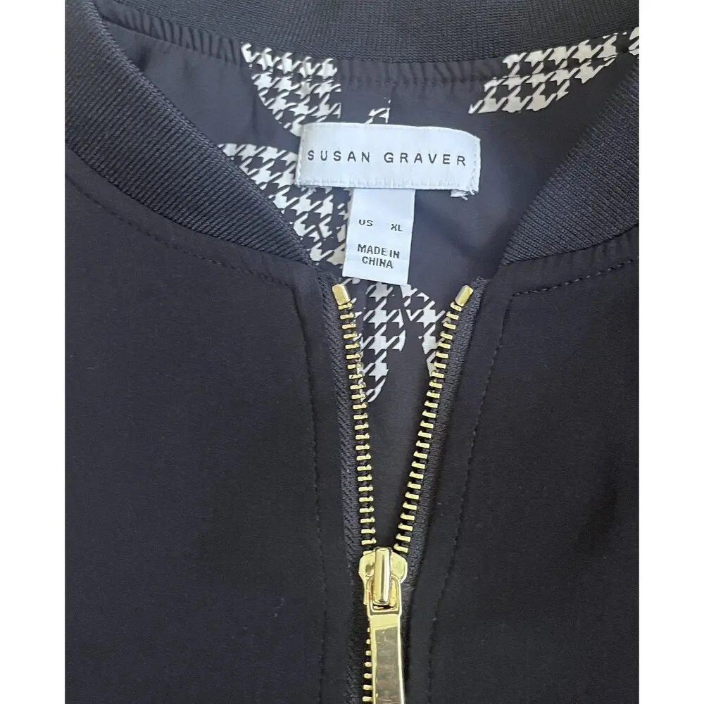 Susan Graver Solid Black Size XL Floral Lined Bomber Full Zip Jacket - Image 4