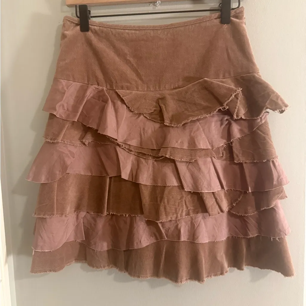 Jigsaw Tiered Ruffle Skirt Brown Pink Silk Accents Size 8 - Image 7