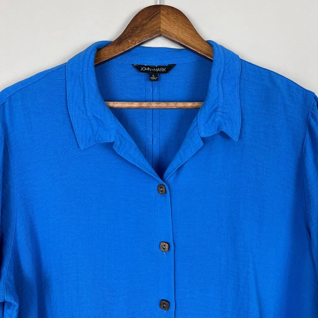 John Mark Tunic Top Womens Large Blue Button Back Collared Shirt Lagenlook Artsy - Image 3