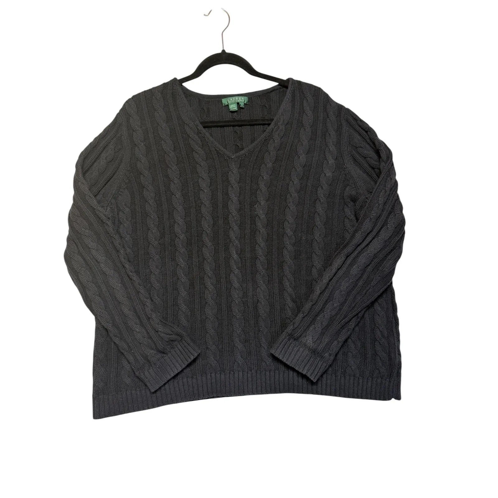 Lauren‎ Ralph Lauren Black Cable Knit V Neck Cotton Sweater Plus Size 2X - Image 3