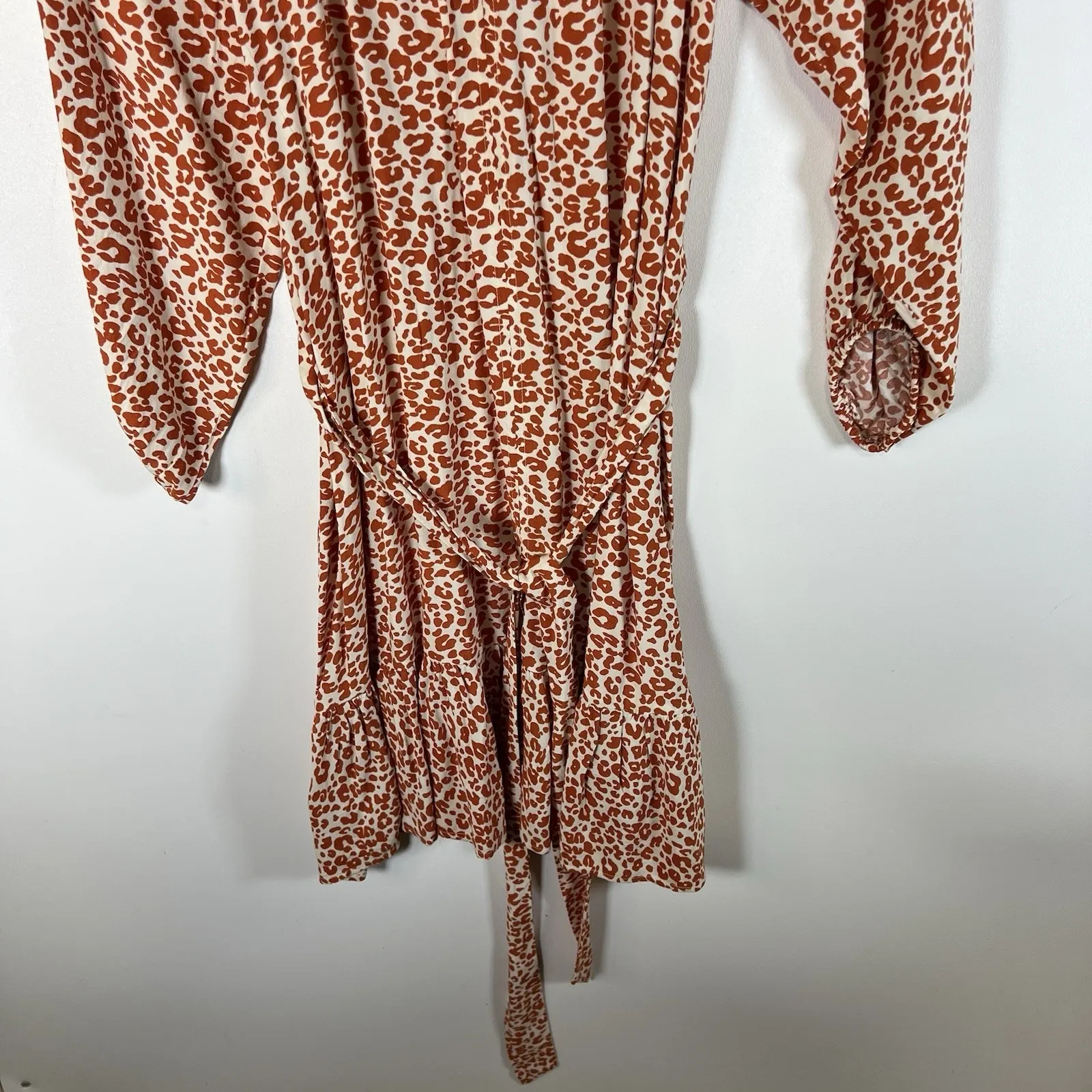 LOFT Tie-Waist Casual Dress Long Sleeve Cheetah Print Orange Cream White Women S - Image 4