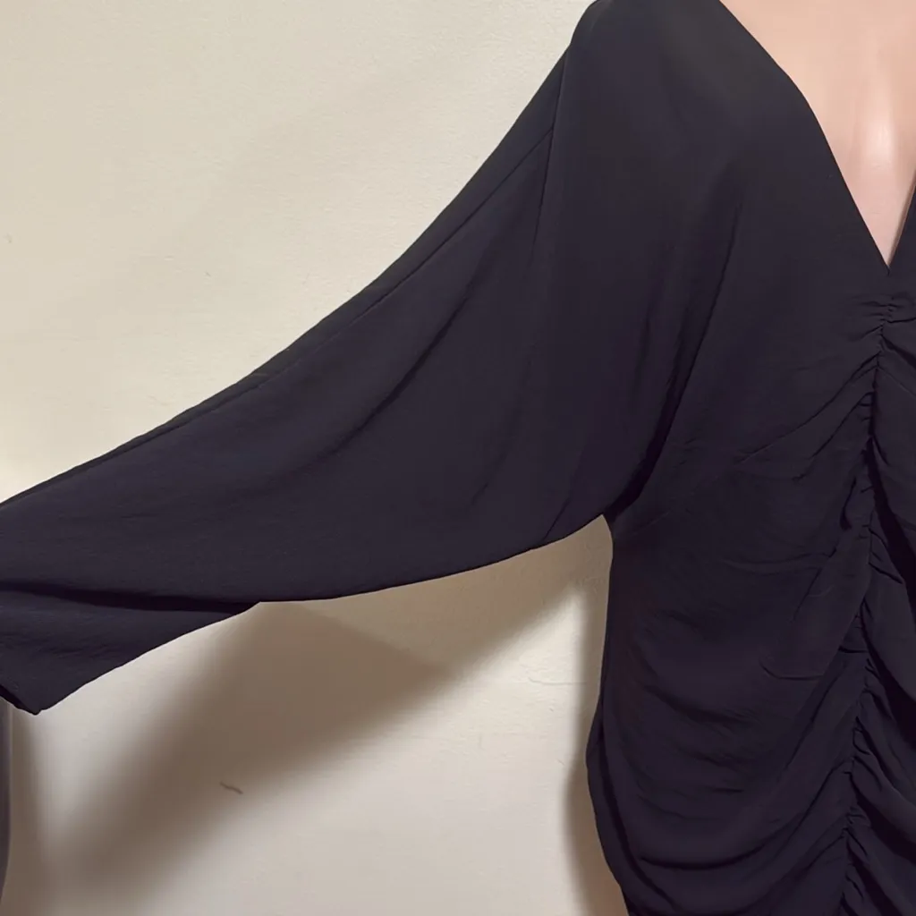 H&M black gathered dress woman size XL long sleeve v neck - Image 4