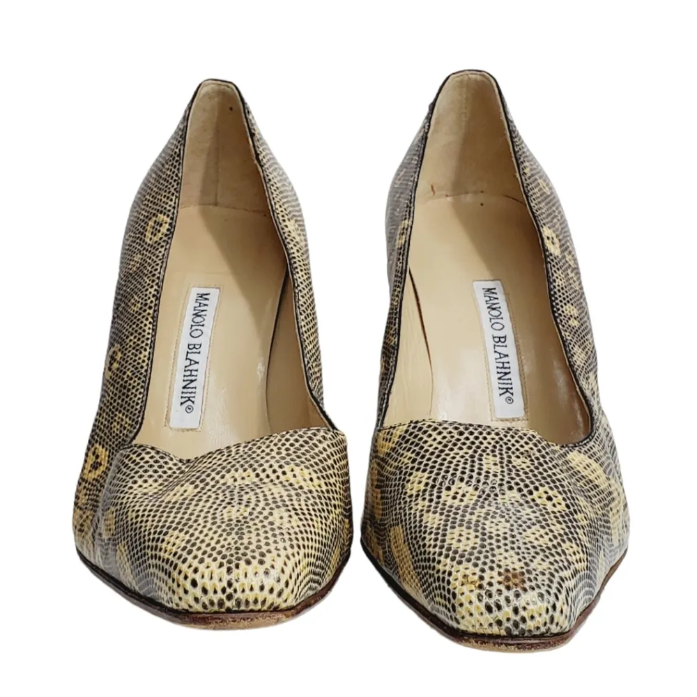 Manolo Blahnik Block Heels Lizard Leather Round Pointed Toe 38 - Image 4