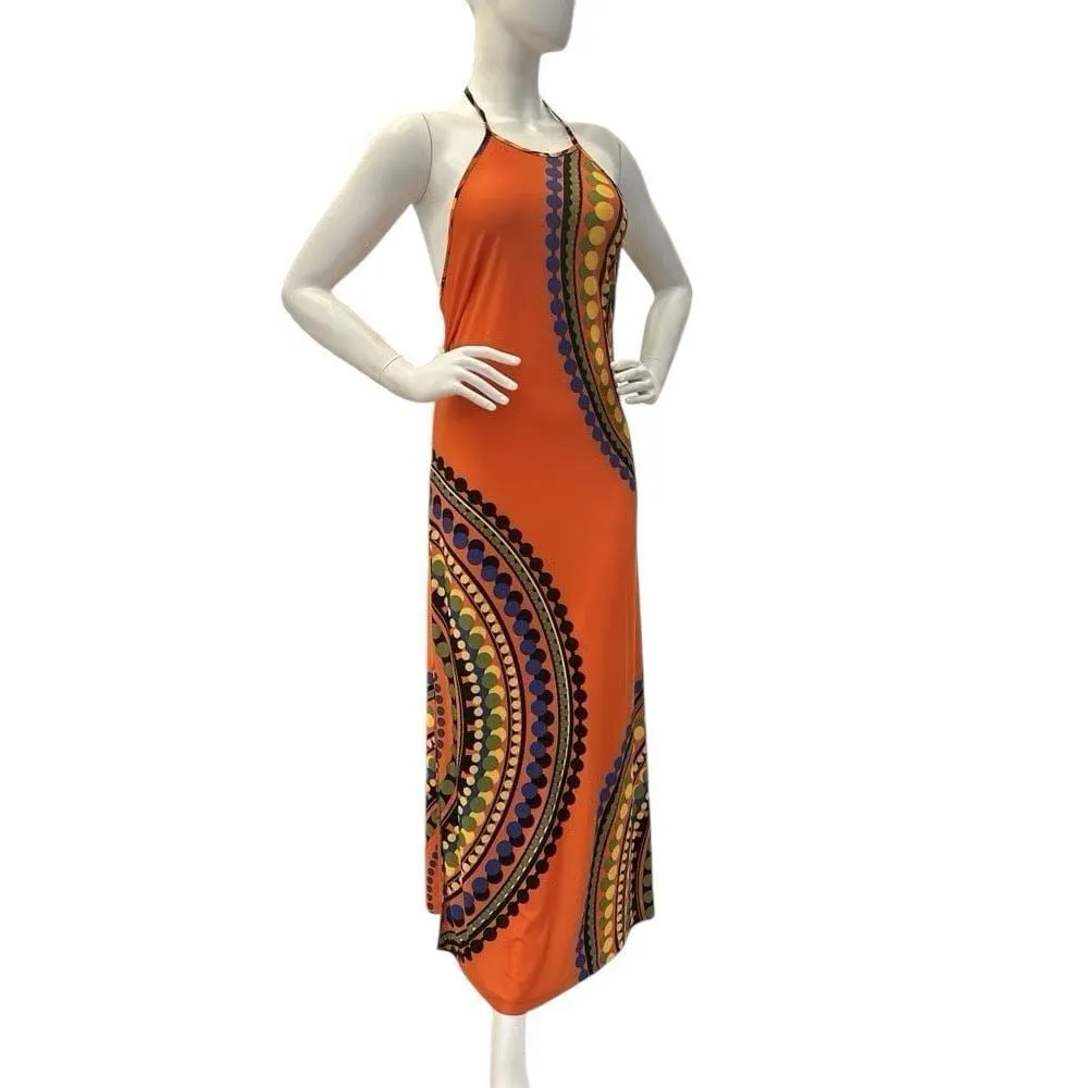 ✨Venus Orange Vibrant Bohemian Print Halter Maxi Backless Sz Small Dress✨ - Image 4