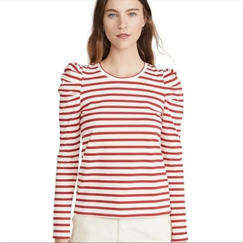 Rebecca Minkoff Parisian Valentine Striped Puff Sleeve Top XS Red Romantic Prep - Image 2