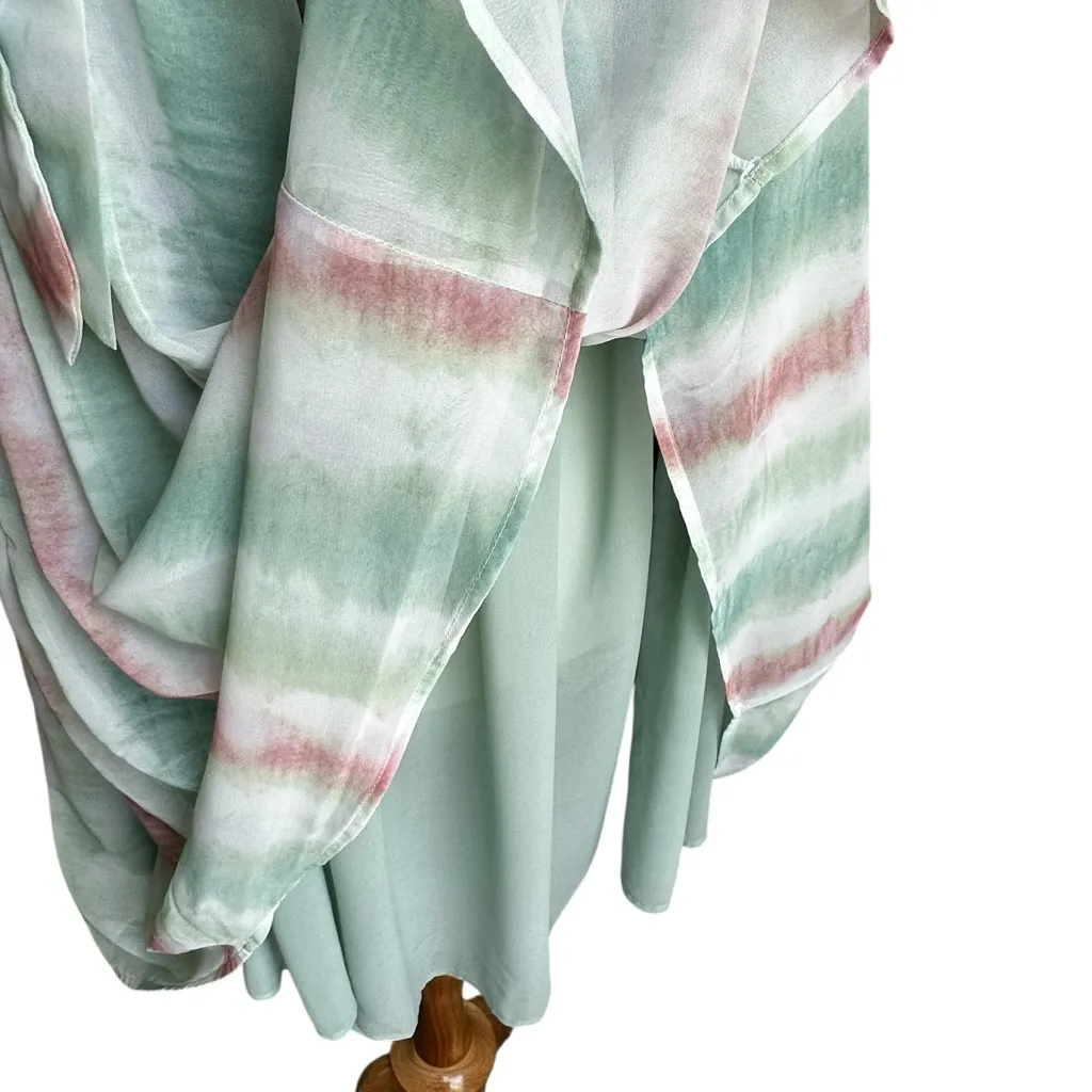 Davi & Dani Chiffon Overlay Dress Green Pink Flowy Ruched Neckline Tie‎ Straps - Image 8