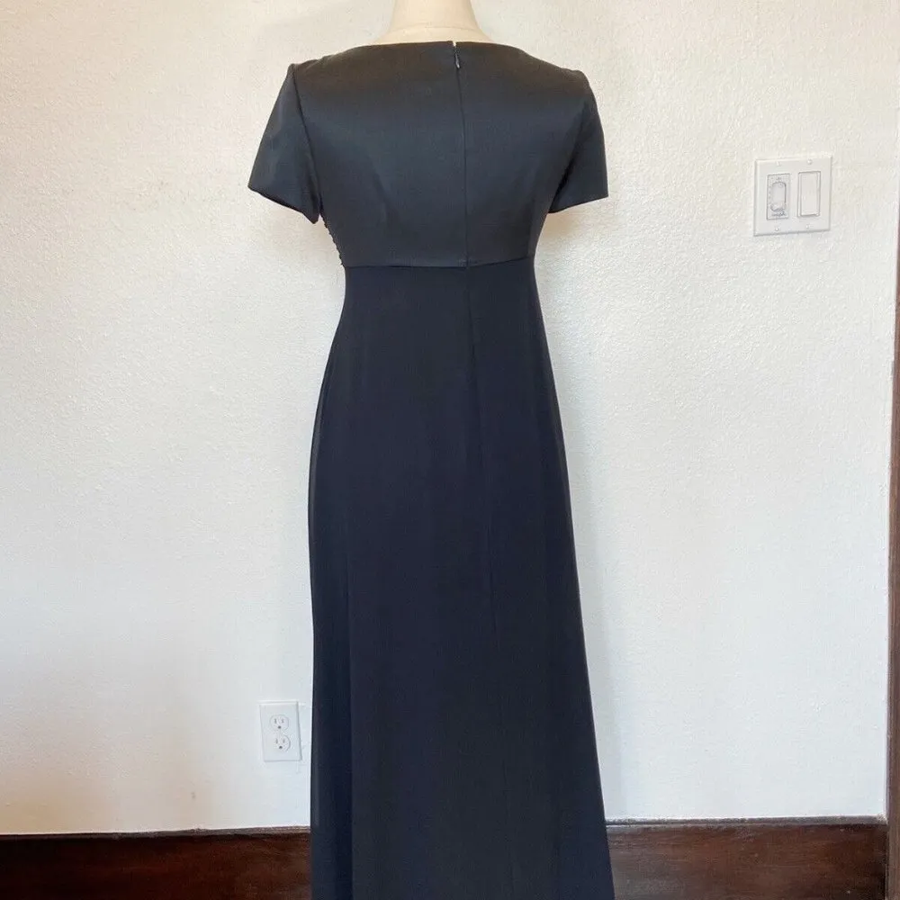 Vintage 90s  Night Solid Black Satin Beaded Full Length Dr… - Image 9