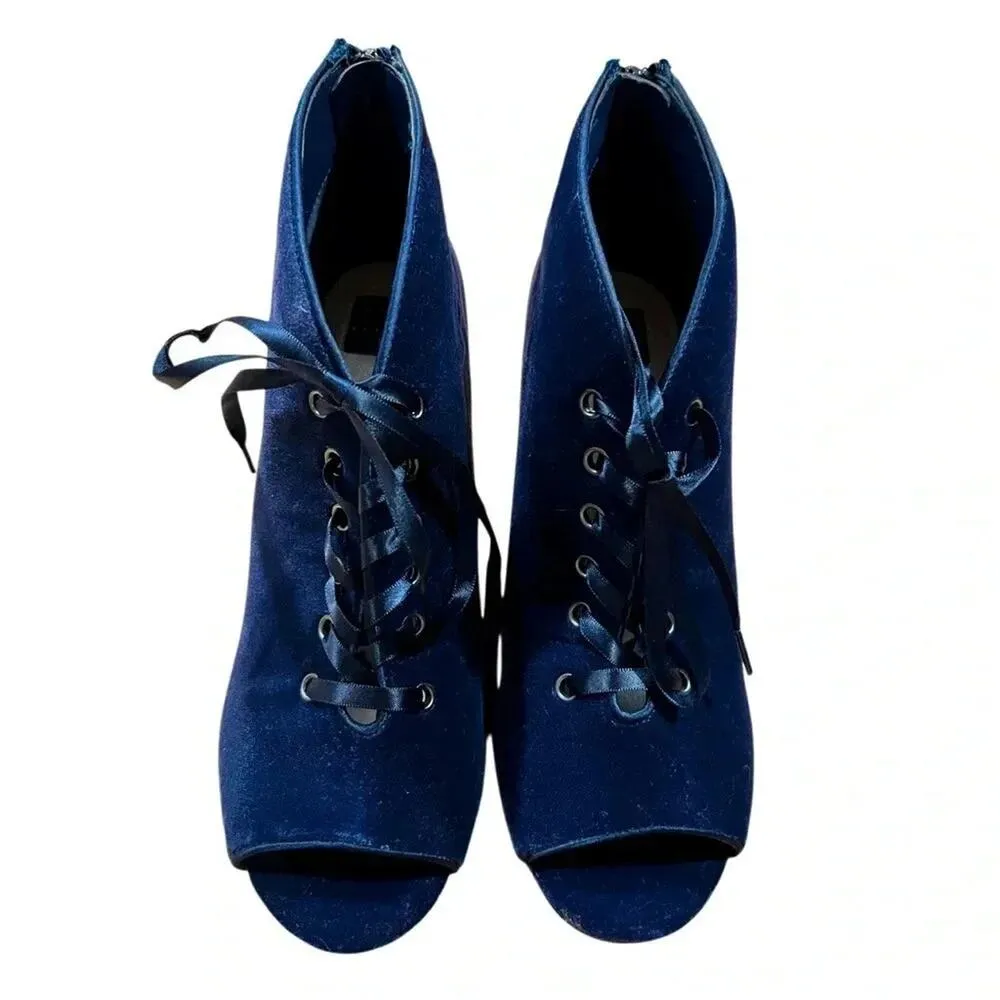 White House Black Market Blue Velvet Lace Up Boots Size 8.5 NWOT - Image 2