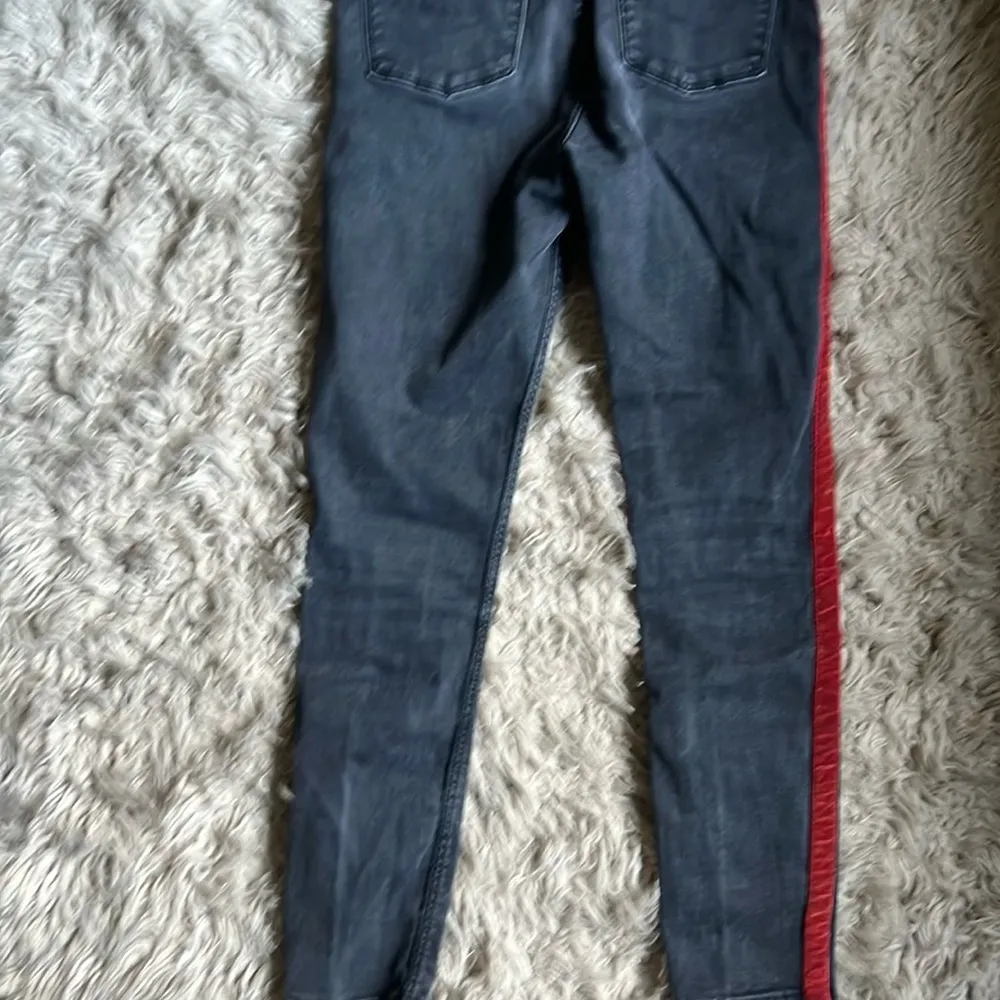 Zara • Red Velvet Side Stripe Black Denim Skinny Jeans - Image 2