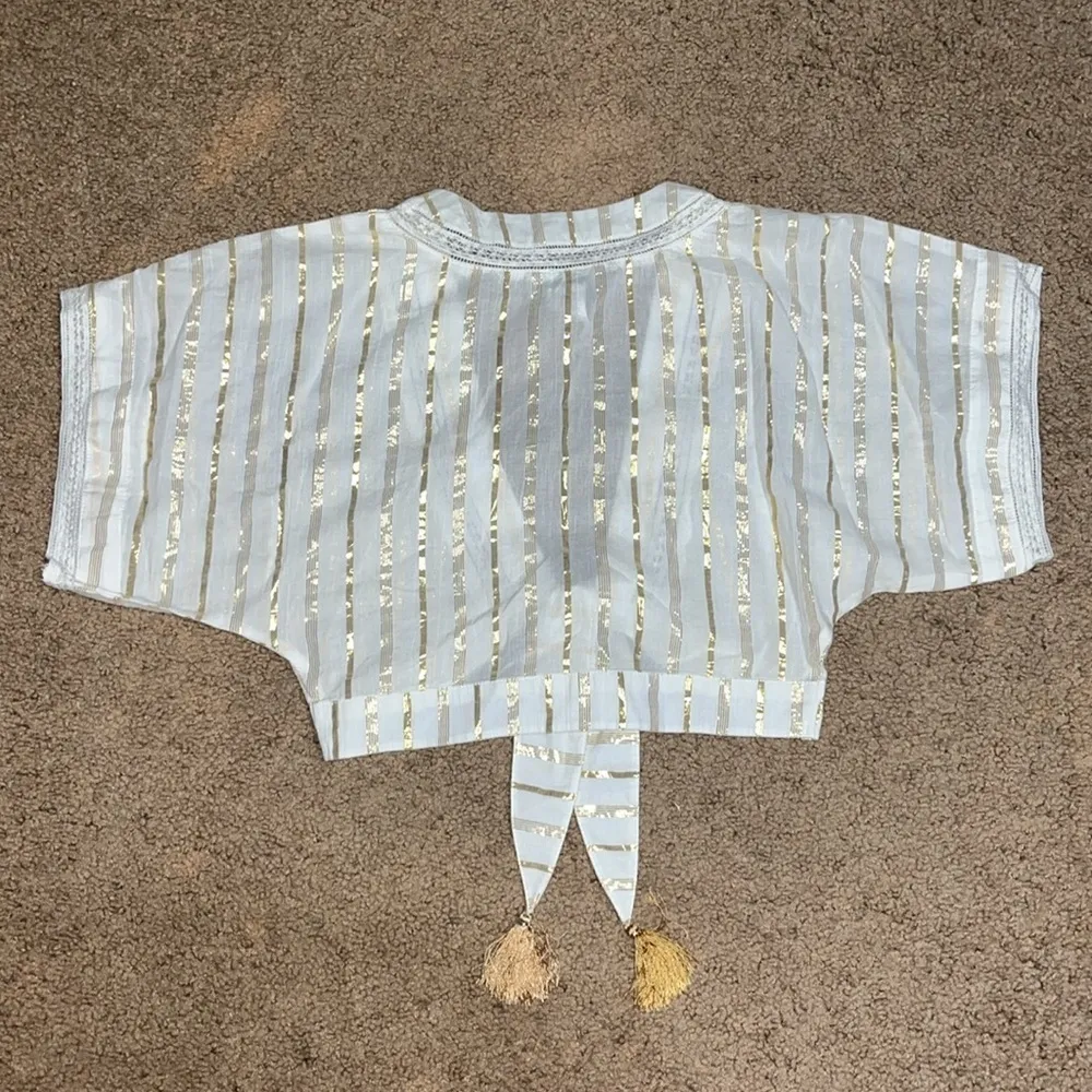 Miguelina Saanchi Cropped Striped Metallic Cotton Gauze Tie Front Tassel Top S‎ White - Image 7