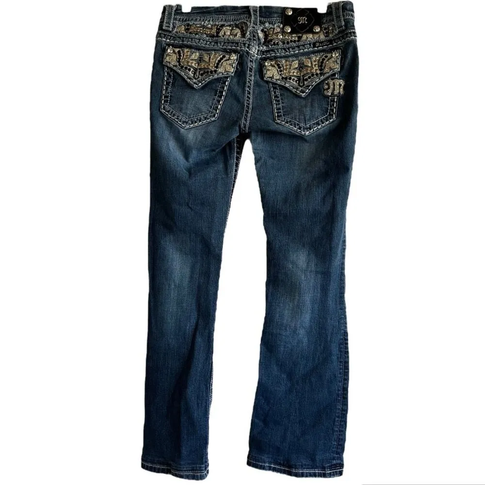 Miss Me Embellished Boot Stretch Jean Rhinestone Patch Medium Wash Blue 30x33 - Image 2