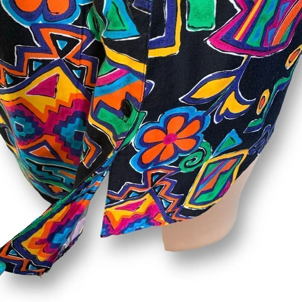 Vintage British Isles Shirt Black Rainbow Floral Abstract Art To Wear Button Up Black Size 10 - Image 4