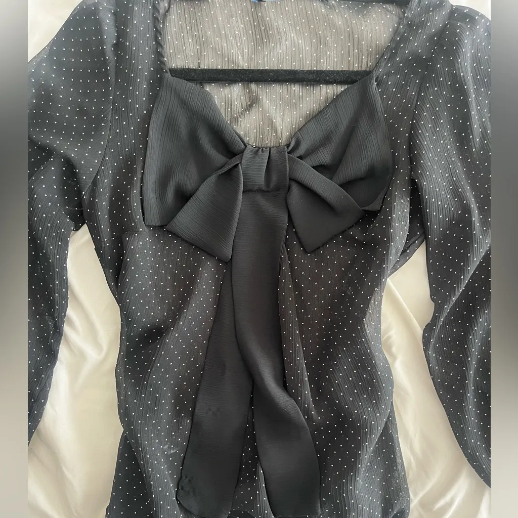 Zara Black Blouse with Polka Dots and Bow - Image 5