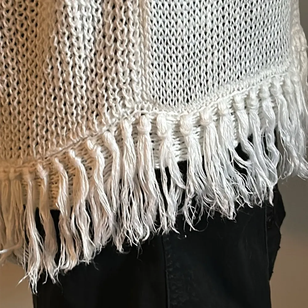 J. Crew Women’s White Linen Open Knit Short Sleeve Crewneck Fringed Hem Sweater - Image 3