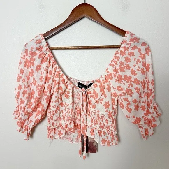 Kendall + Kylie NWT Coral Floral Crop Top Small Summer Ruffle Cut Out Tie Front Pink - Image 3