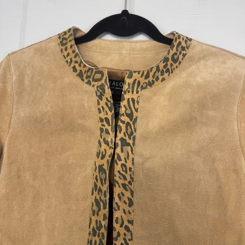 Dialogue Tan Suede Leather Jacket Leopard Print Trim 90s Y2K Size S - Image 2