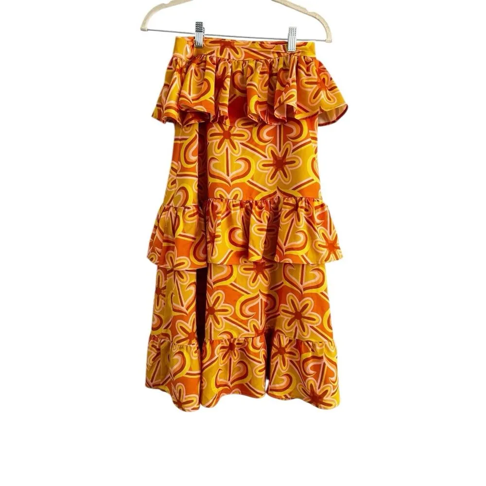 Dazey LA Anthropologie Retro Orange Floral Tiered Ruffle Maxi Skirt Size XS USA - Image 2