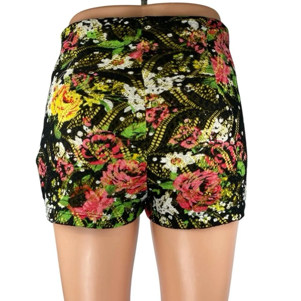 Mystic Women Multicolor Floral Knit Crochet Zip High Waisted Mini Shorts Size S - Image 3