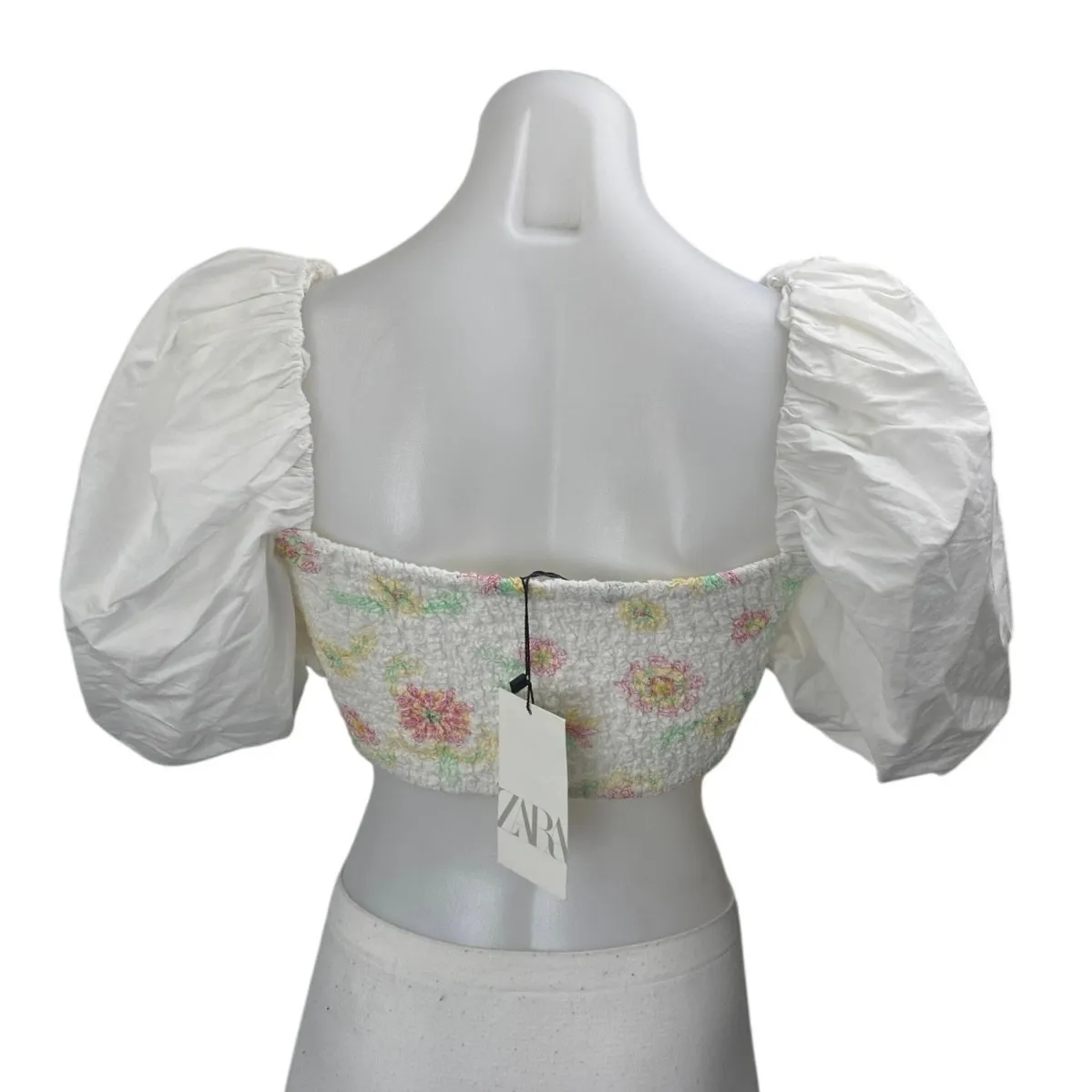 NEW Zara Women's White Floral Smocked Short Puff Sleeve Crop Blouse Top Size S - Image 2