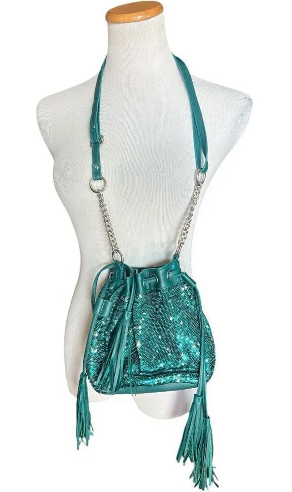 Womens Ion Turquoise Sequins Crossbody Chain Strap Cinch Tassel Purse Green - Image 1