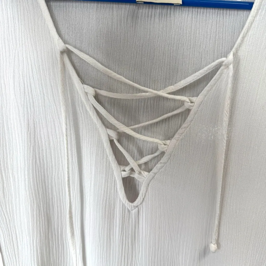 Show Me Your‎ Mumu Size M Crepe Blouse Top White Flowy Crop Coastal Beach Resort - Image 3