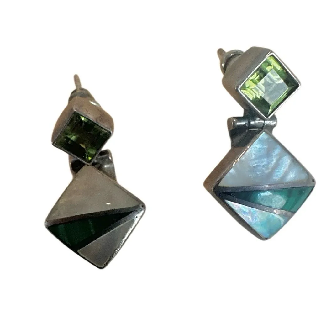 ACLEONI Sterling Silver Peridot, Malachite & Mother of Pearl Drop Earrings - Image 8