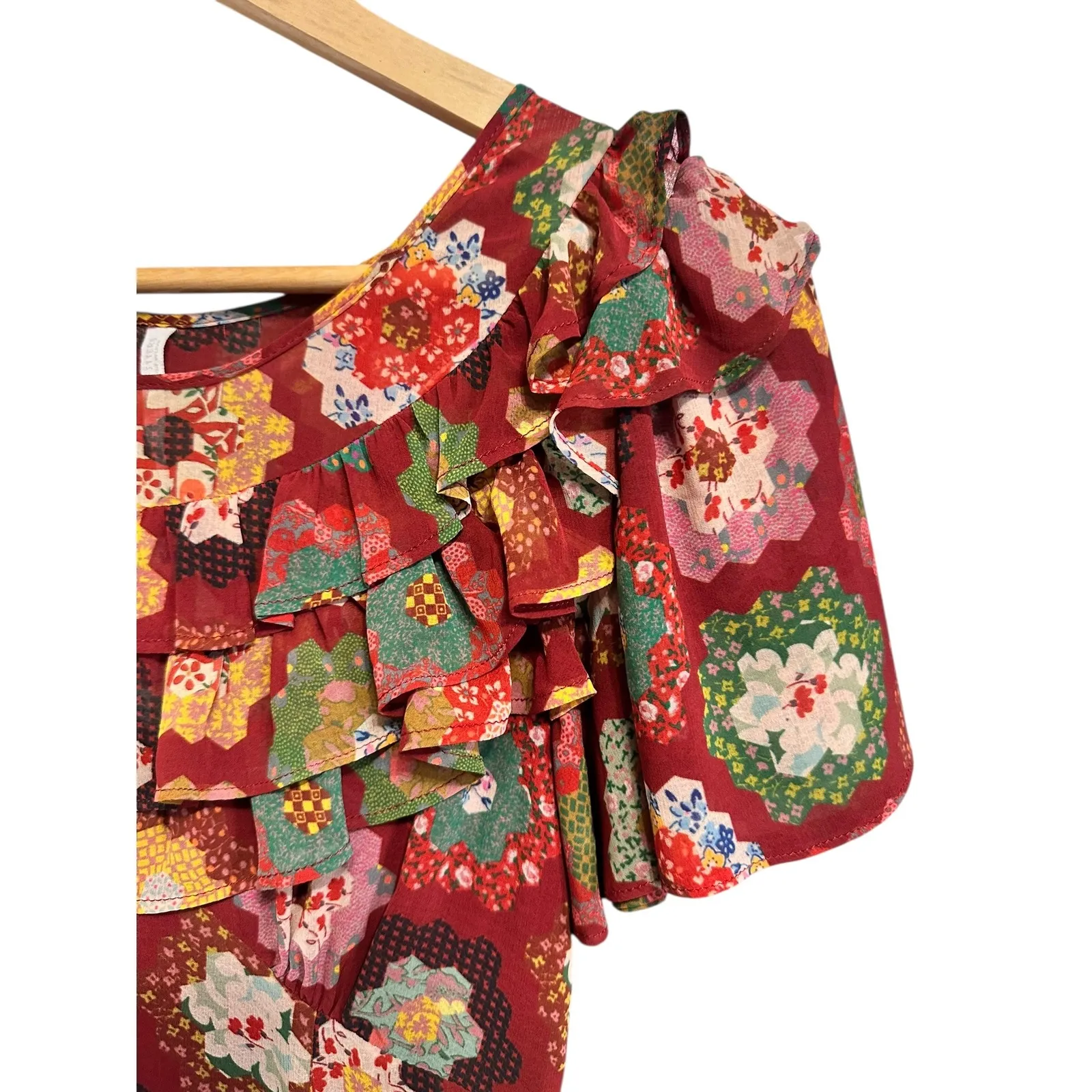 Urban‎ Outfitters patchwork quilt print Ruffle Trim red multicolor maxi dress XS - Image 4