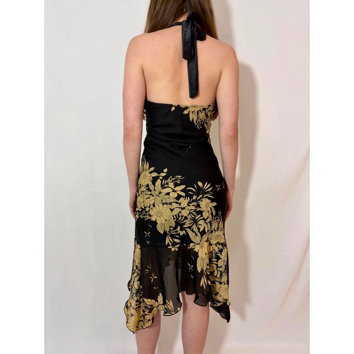Vintage Tan Black Floral Halter Ruffle Dress - Image 3