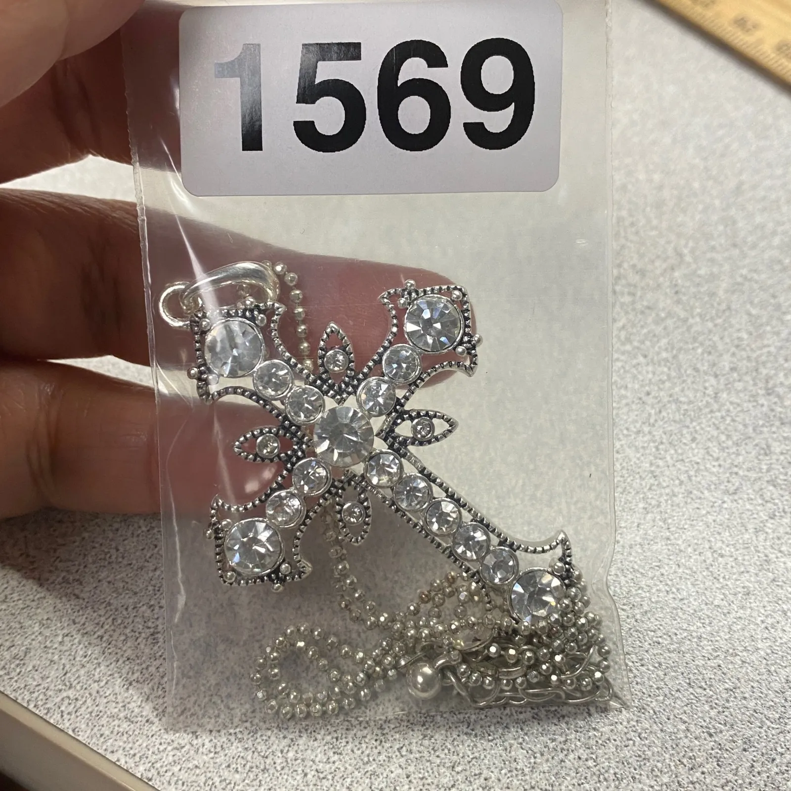 Silver Tone Cross Rhinestone Ornate Pendant Necklace Statement Religious Faith - Image 8