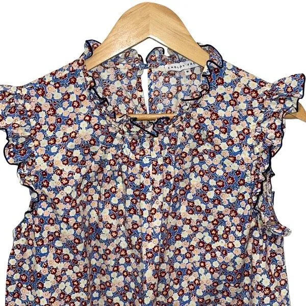 English Factory Womens Floral‎ Ruffle Cap Sleeve Blouse Top Blue Brown Sz Medium - Image 2