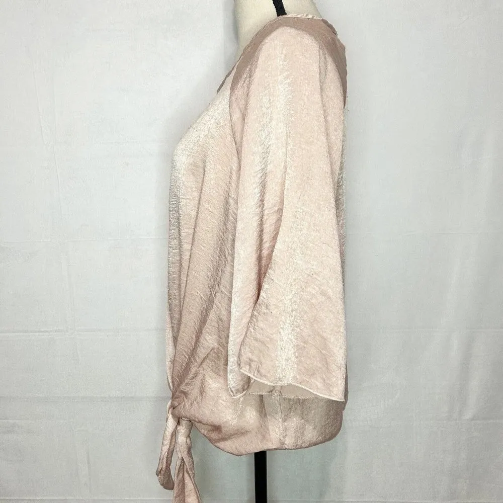 LANI CALIFORNIA Blush Pink Blouse Top Satin Tie Front 3/4 Sleeve Shiny Sz S - Image 4