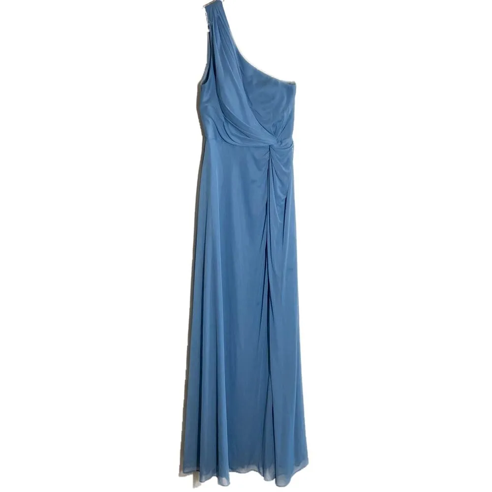 Azazie Carissa Bridesmaid Dress Chiffon One Shoulder Side Knot Dusty Blue A4 - Image 2