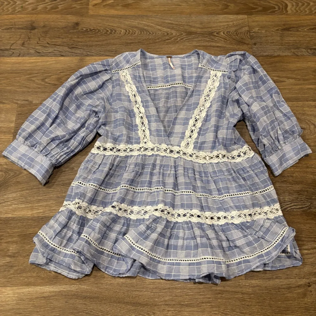 Free People Time Out Blue Plaid Lace Trim Babydoll Tunic XS Cottagecore Boho - Image 3
