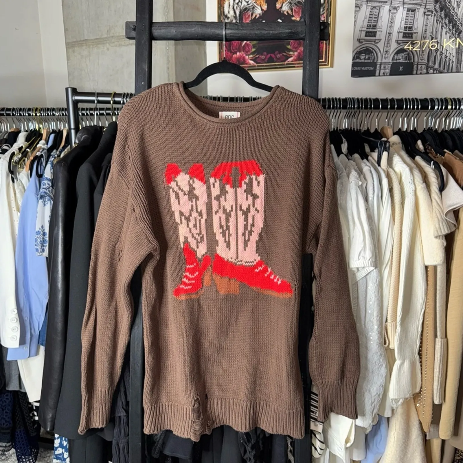 BDG Stella Cowboy Boot Graphic Distressed Oversized Pullover Sweater Brown Boots - Image 4