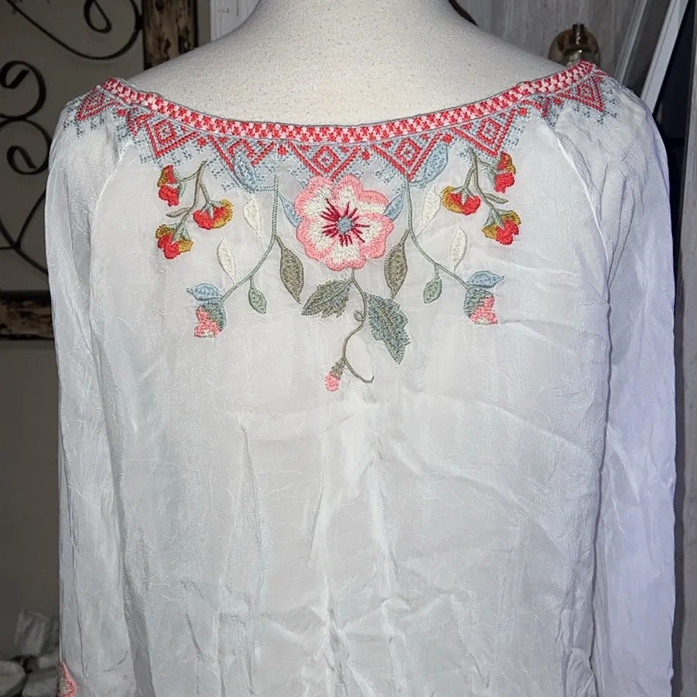 Johnny Was White Bell Sleeve floral embroidered Grace Silky Blouse - Image 6