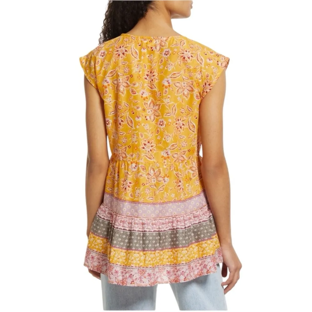 BEACHLUNCHLOUNGE Jessa Border Print Sleeveless Shirt Papaya Lilies Size S NEW - Image 2