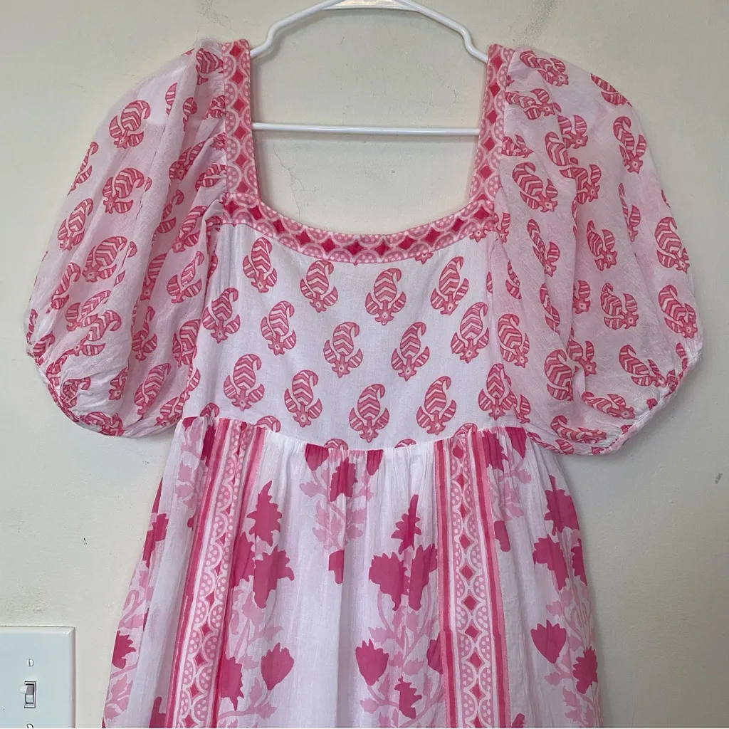 OLIPHANT Floral Block Print Puff Sleeve Midi Dress Jaipur Pink/White Small READ White - Image 5