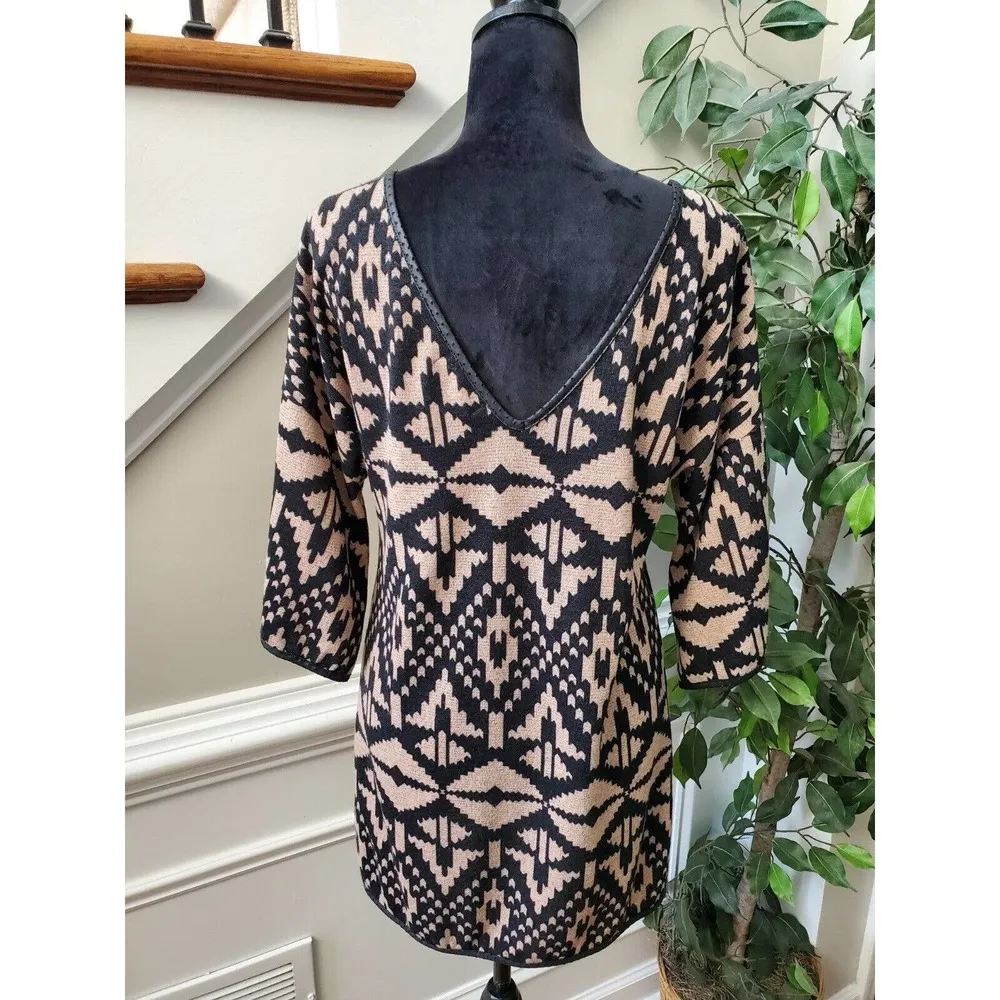 Fab'rik Beige & Black Polyester V-Neck Half Sleeve Geo Print Dress Small - Image 8