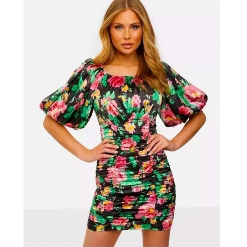 NWT For Love and Lemons Jolie Black & Coral Rushed Floral Mini Dress size XS - Image 7