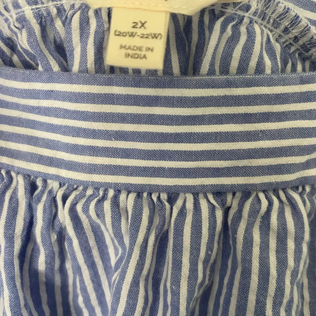 Terra Sky Women Blouse 2XL 100% Cotton Long Sleeve Blue Stripe Coastal Preppy - Image 2