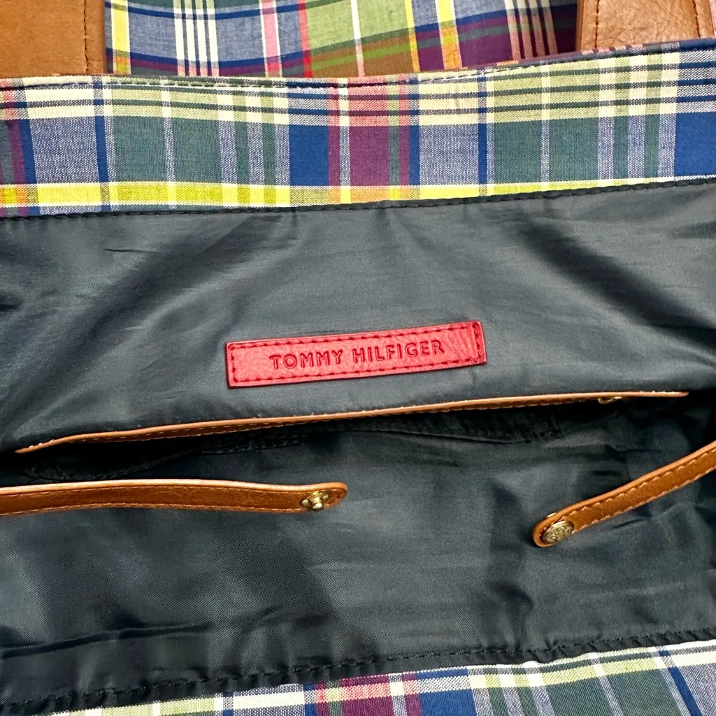 Tommy Hilfiger Green Blue Plaid Tote Preppy Nautical Checked Classic Belt Detail - Image 9