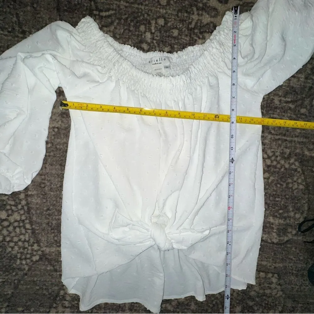 Ariella Women’s S White Swiss Dot Tie Front Off the Shoulder Balloon Sleeve Top - Image 5