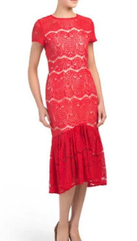 Anthropologie Vone Red Midi Cap Sleeve Lace Sheath Dress Size 2 - Image 7