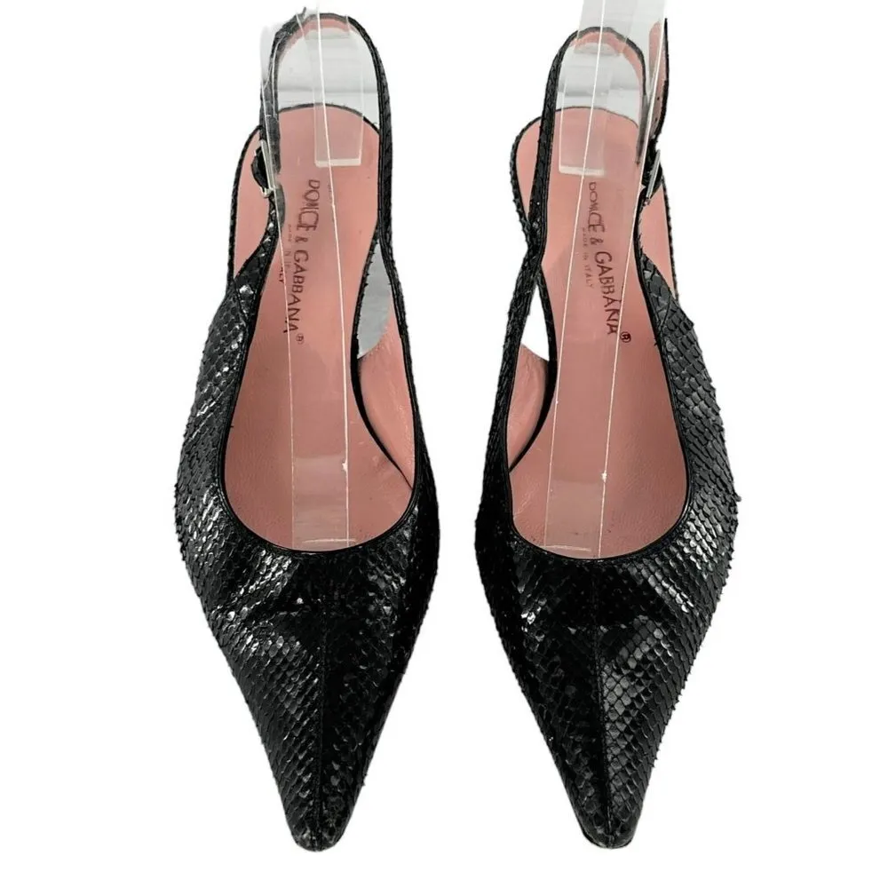 Dolce and Gabbana Black Snakeskin Kitten Heel Slingback Pumps Size 36.5 - Image 3