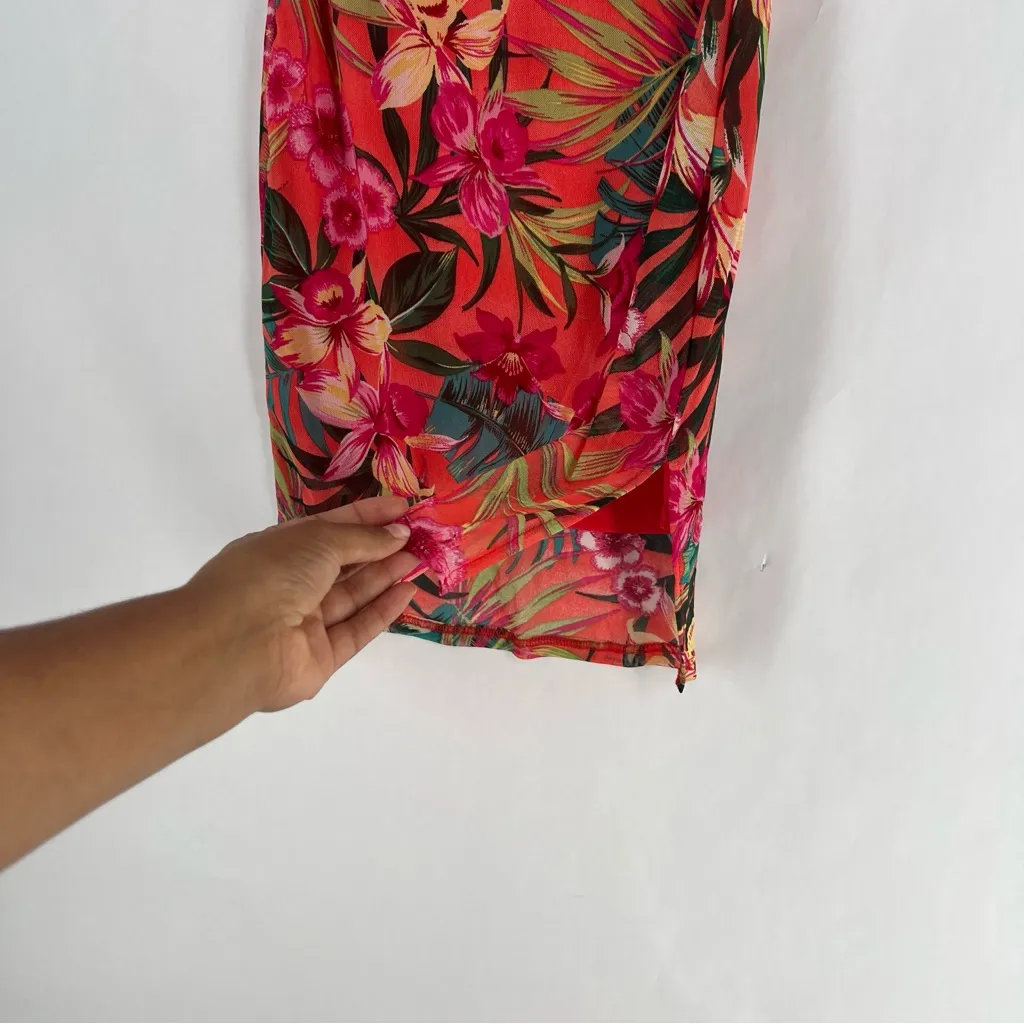 Papaya Coral Green Mesh Tropical Floral Print Spaghetti Strap V-Neck Mini‎ Dress - Image 4