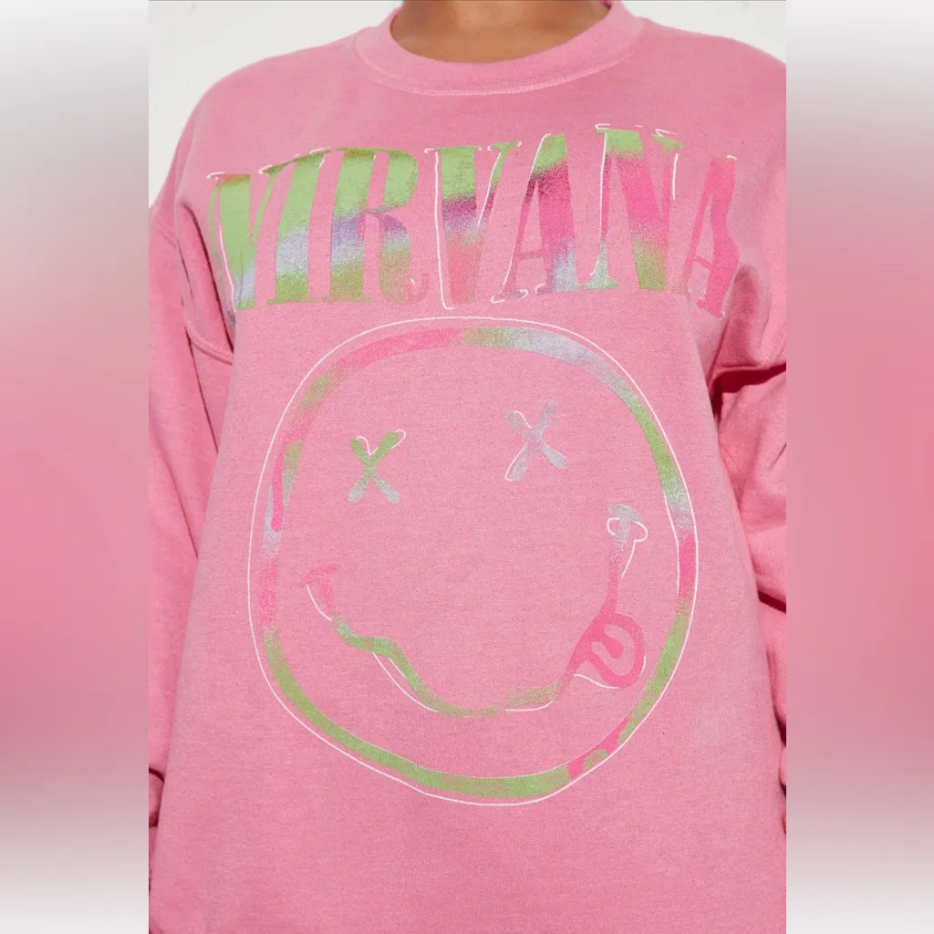 NWOT Nirvana Women's Preppy Smiley Face Crewneck Sweatshirt pink  XL - Image 6