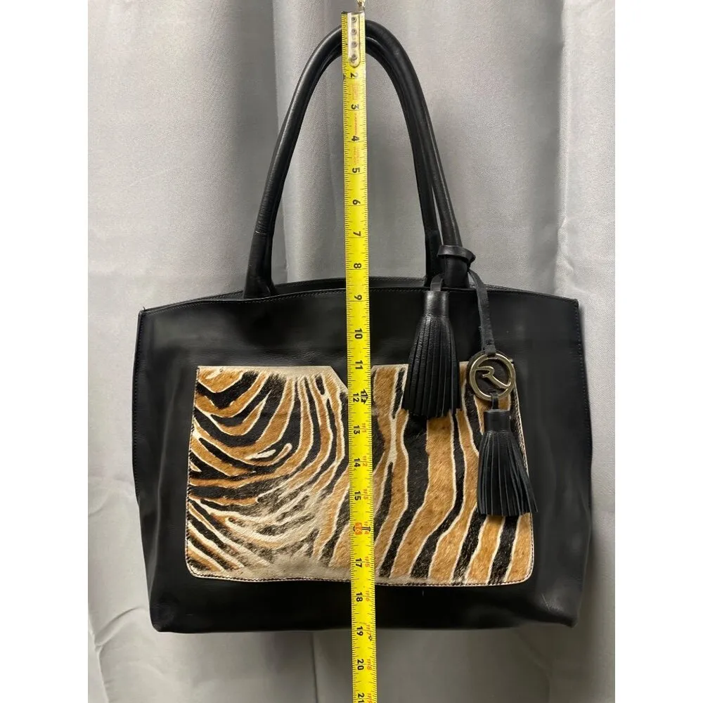 Varriale Women's Black Leather Tote Bag with Leopard Print Large 2136 - Image 4